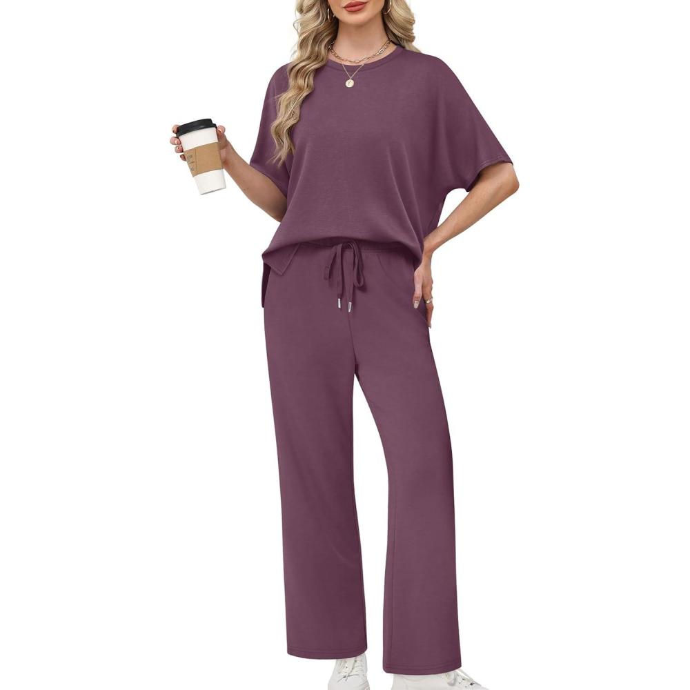 imageXIEERDUO Womens Side Slit Lounge Sets 2 Piece Travel Outfits Airport Tracksuit Oversized Wide Leg Loungewear S3XLPurple