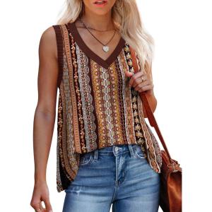 Womens Tank Tops Summer V Neck Loose Fit Casual Basic Side Split Sleeveless(06-color Stripe)