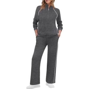 XIEERDUO Women’s 2 Piece Lounge Sets Full Zip Up Sweatsuit Wide Leg Tracksuit Workout Outfits Fashion Airport Wear(Darkgray White)
