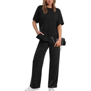 XIEERDUO Women’s Side Slit Lounge Sets 2 Piece Travel Outfits Airport Tracksuit Oversized Wide Leg Loungewear S-3XL(A Black)