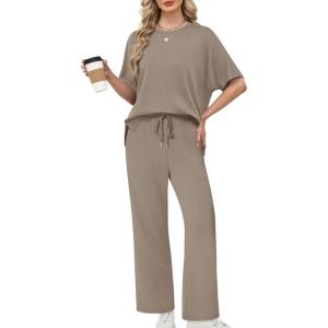 XIEERDUO Women’s Side Slit Lounge Sets 2 Piece Travel Outfits Airport Tracksuit Oversized Wide Leg Loungewear S-3XL(A Khaki)