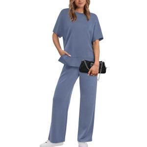 XIEERDUO Women’s Side Slit Lounge Sets 2 Piece Travel Outfits Airport Tracksuit Oversized Wide Leg Loungewear S-3XL(Blue)