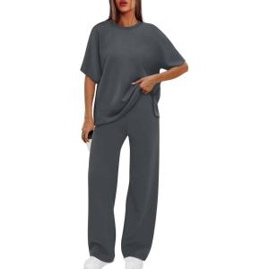 XIEERDUO Women’s Side Slit Lounge Sets 2 Piece Travel Outfits Airport Tracksuit Oversized Wide Leg Loungewear S-3XL(Dark Grey)