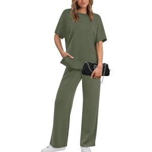 XIEERDUO Women’s Side Slit Lounge Sets 2 Piece Travel Outfits Airport Tracksuit Oversized Wide Leg Loungewear S-3XL(Green)