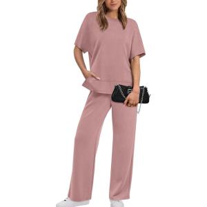 XIEERDUO Women’s Side Slit Lounge Sets 2 Piece Travel Outfits Airport Tracksuit Oversized Wide Leg Loungewear S-3XL(Pink)