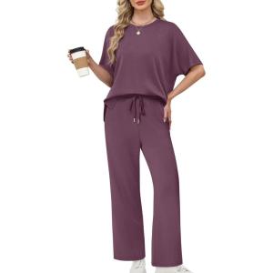 XIEERDUO Women’s Side Slit Lounge Sets 2 Piece Travel Outfits Airport Tracksuit Oversized Wide Leg Loungewear S-3XL(Purple)
