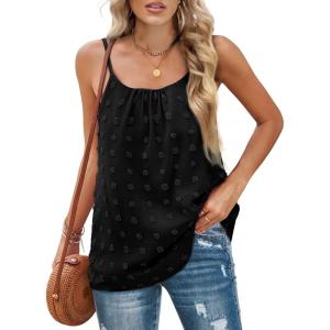 XIEERDUO Tank Top for Women Adjustable Spaghetti Strap Camisole Sleeveless Pom Pom Chiffon Blouses(02-black)