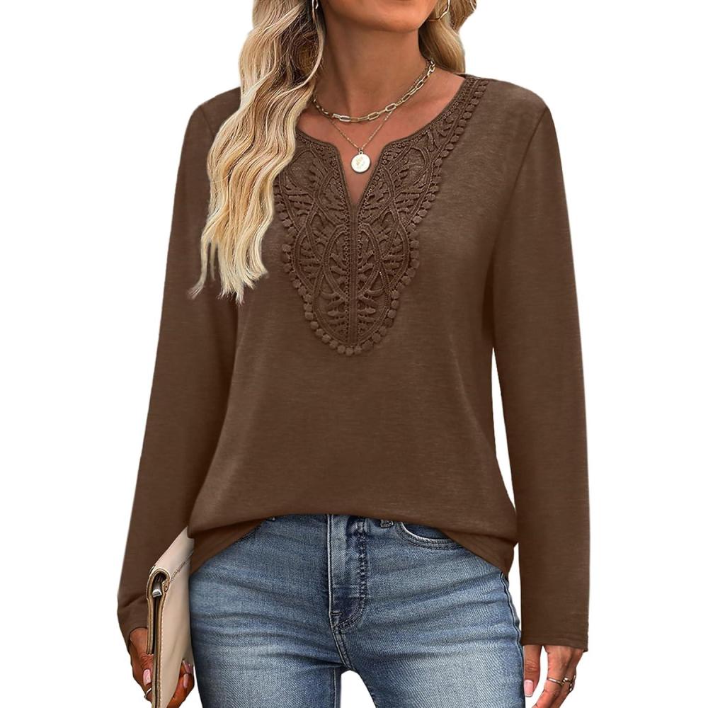 imageXIEERDUO Boho Tops for Women Blouses Dressy Casual V Neck Long Sleeve Shirts Fall Outfits Trendy Vacation ClothesCoffee