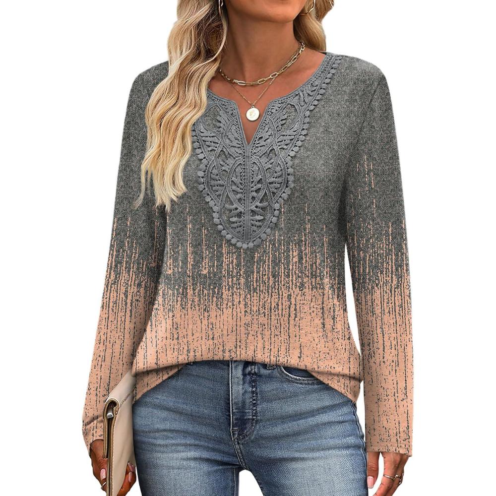 imageXIEERDUO Boho Tops for Women Blouses Dressy Casual V Neck Long Sleeve Shirts Fall Outfits Trendy Vacation ClothesZ Grey Coral