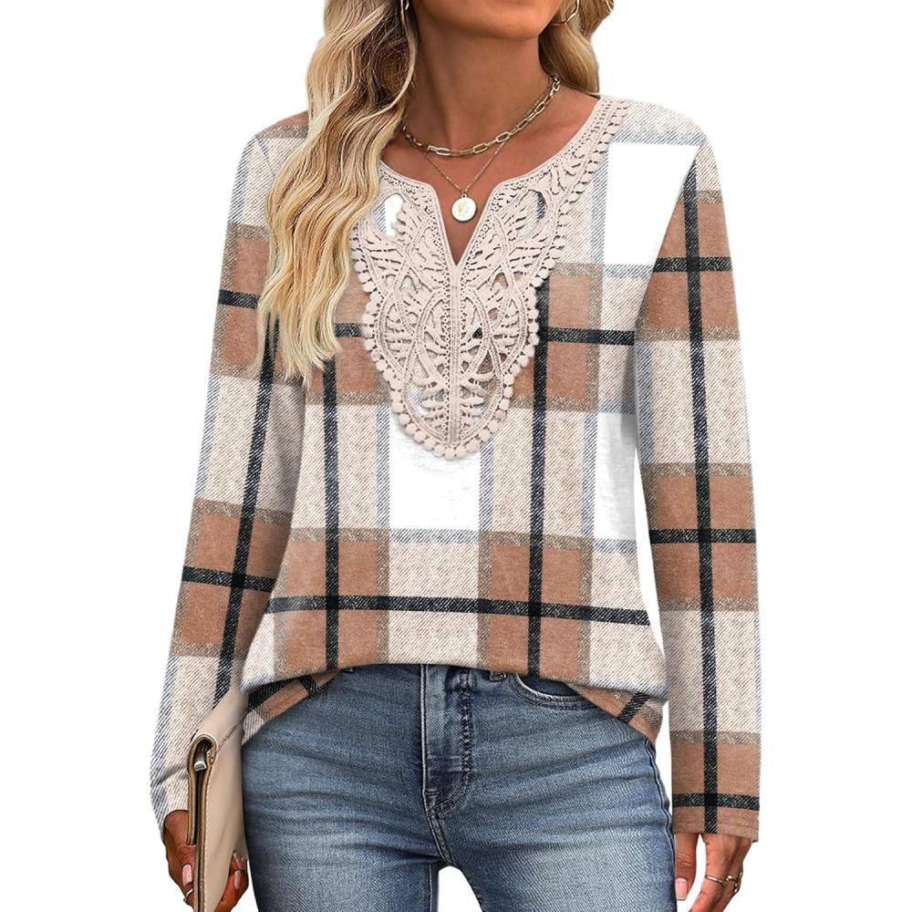 imageXIEERDUO Boho Tops for Women Blouses Dressy Casual V Neck Long Sleeve Shirts Fall Outfits Trendy Vacation ClothesZ Plaid Brown