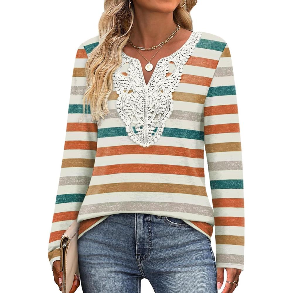 imageXIEERDUO Boho Tops for Women Blouses Dressy Casual V Neck Long Sleeve Shirts Fall Outfits Trendy Vacation ClothesZ Striped Orange