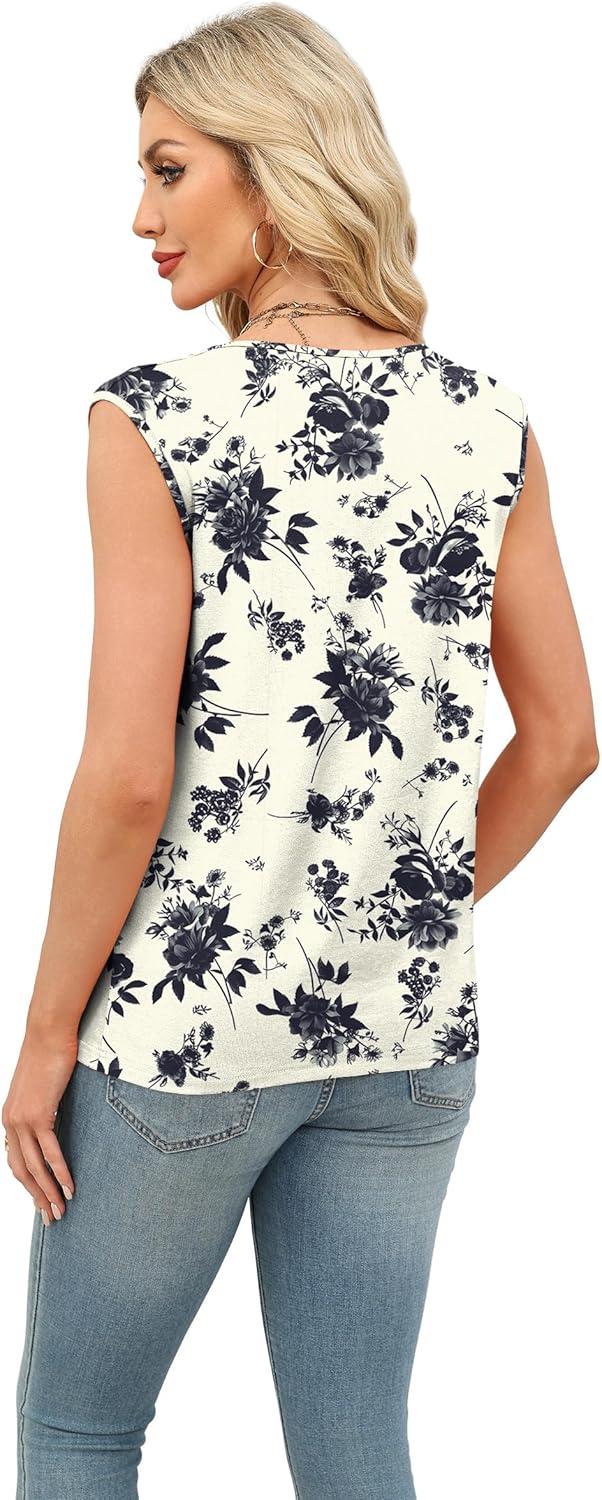 imageXIEERDUO Womens Tank Tops Loose Fit Casual Fashion Summer Soft Pleated V Neck Sleeveless BlousesBeige Black Flowers