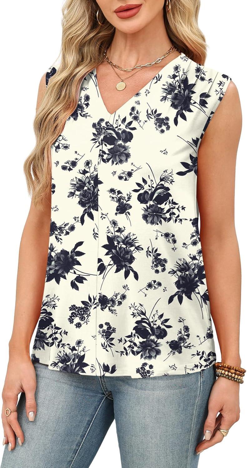 imageXIEERDUO Womens Tank Tops Loose Fit Casual Fashion Summer Soft Pleated V Neck Sleeveless BlousesBeige Black Flowers