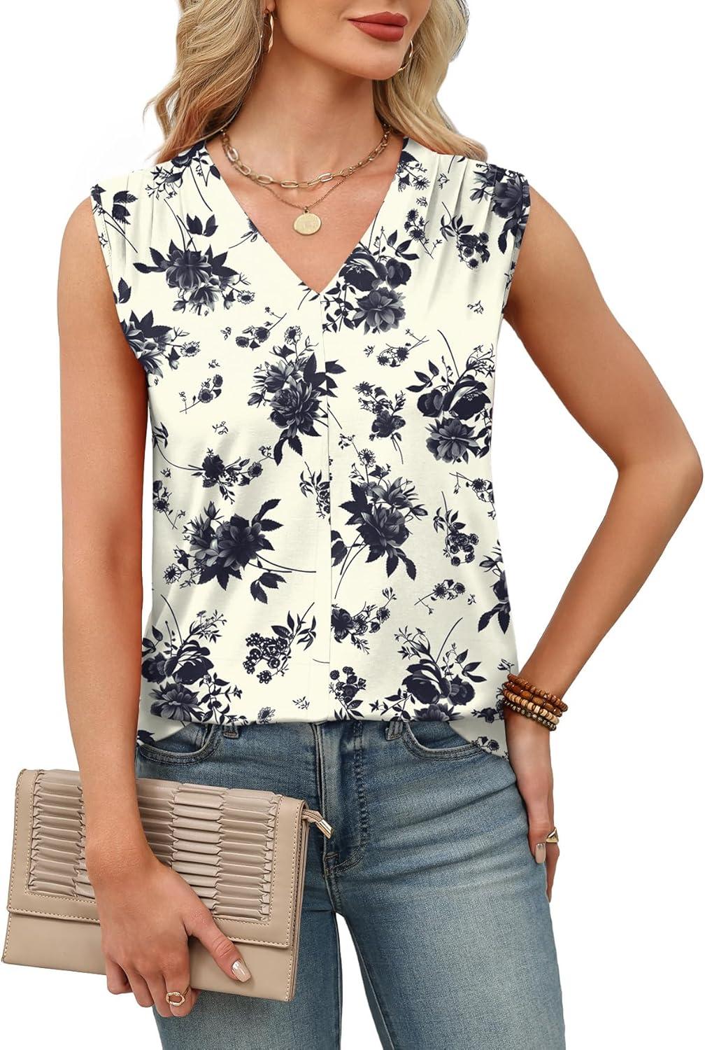 imageXIEERDUO Womens Tank Tops Loose Fit Casual Fashion Summer Soft Pleated V Neck Sleeveless BlousesBeige Black Flowers
