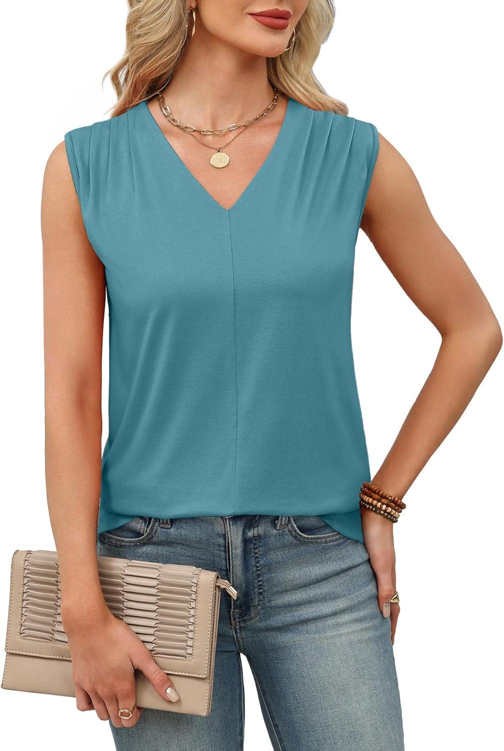 imageXIEERDUO Womens Tank Tops Loose Fit Casual Fashion Summer Soft Pleated V Neck Sleeveless BlousesBlue