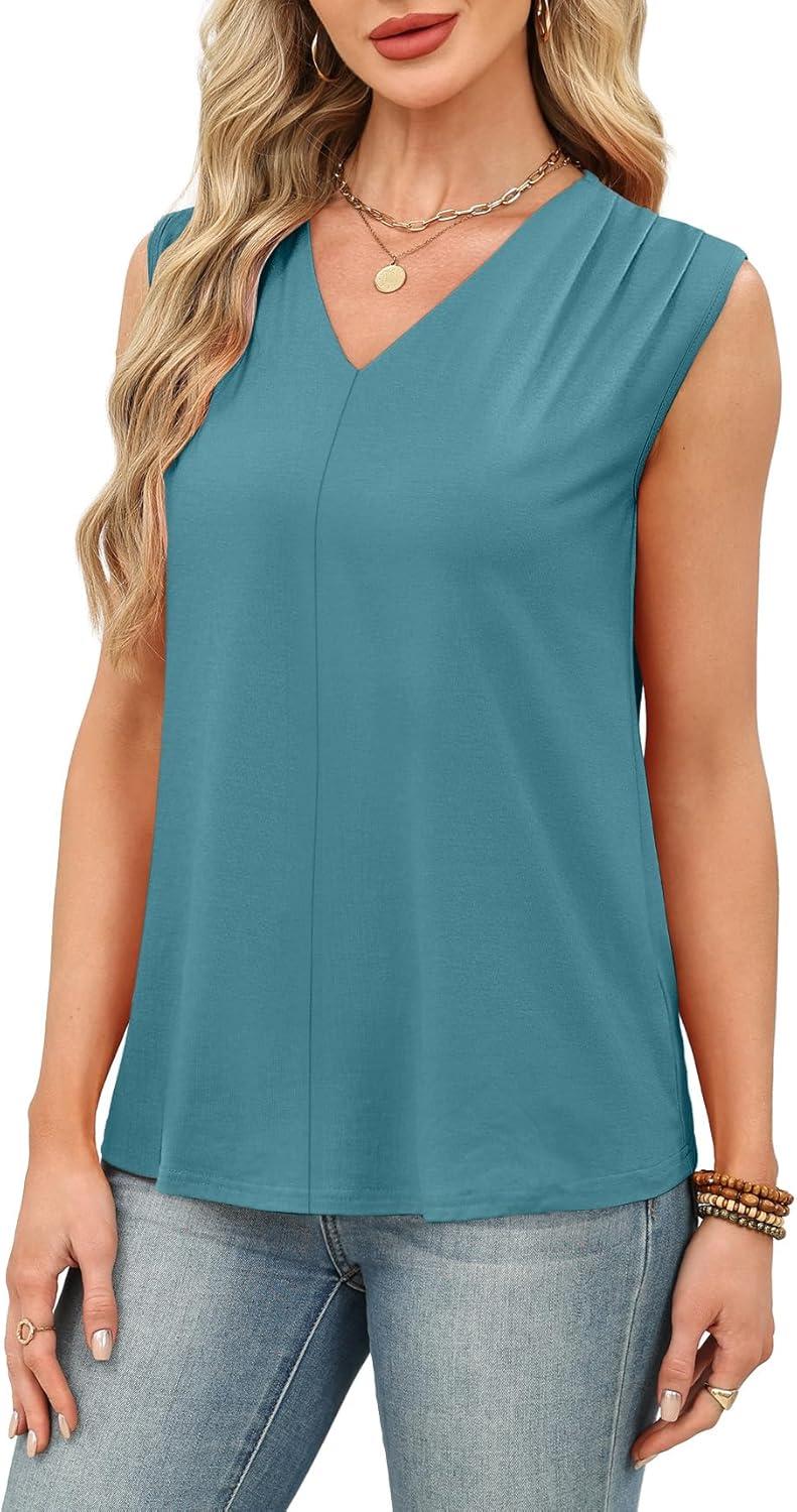 imageXIEERDUO Womens Tank Tops Loose Fit Casual Fashion Summer Soft Pleated V Neck Sleeveless BlousesBlue