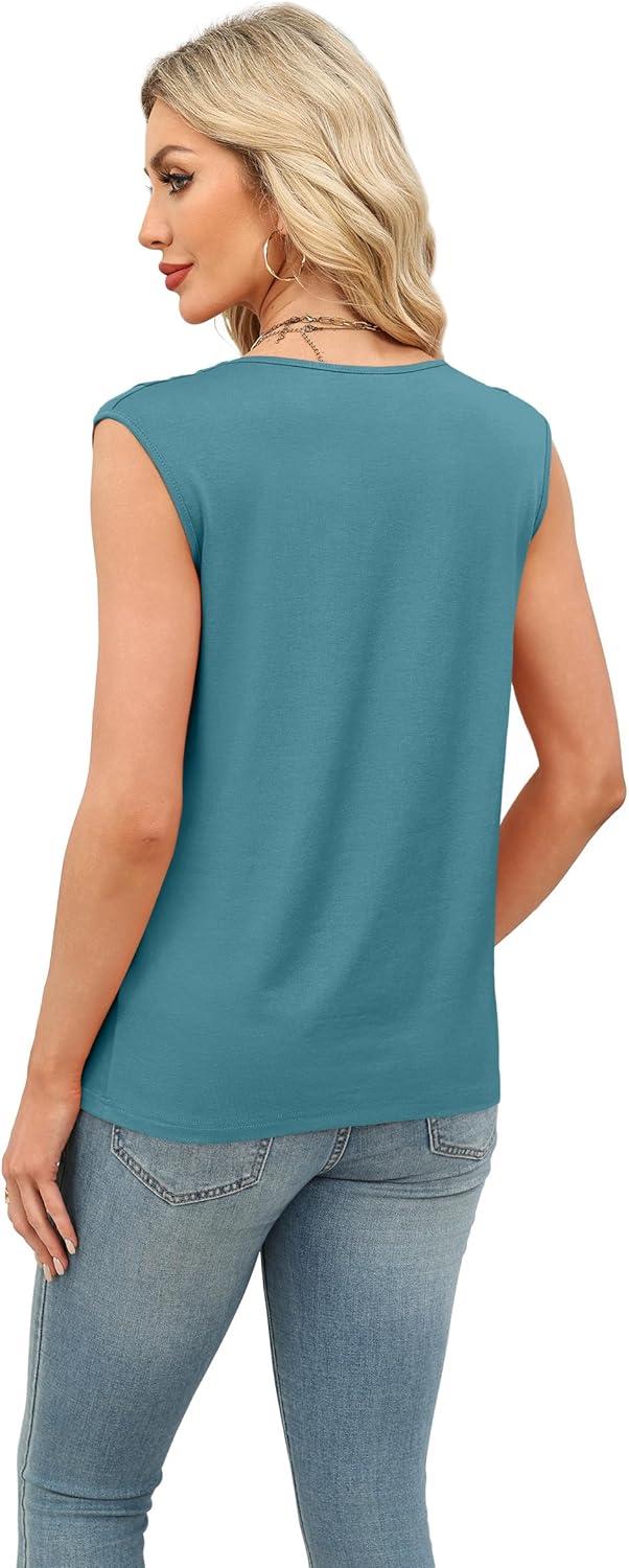 imageXIEERDUO Womens Tank Tops Loose Fit Casual Fashion Summer Soft Pleated V Neck Sleeveless BlousesBlue