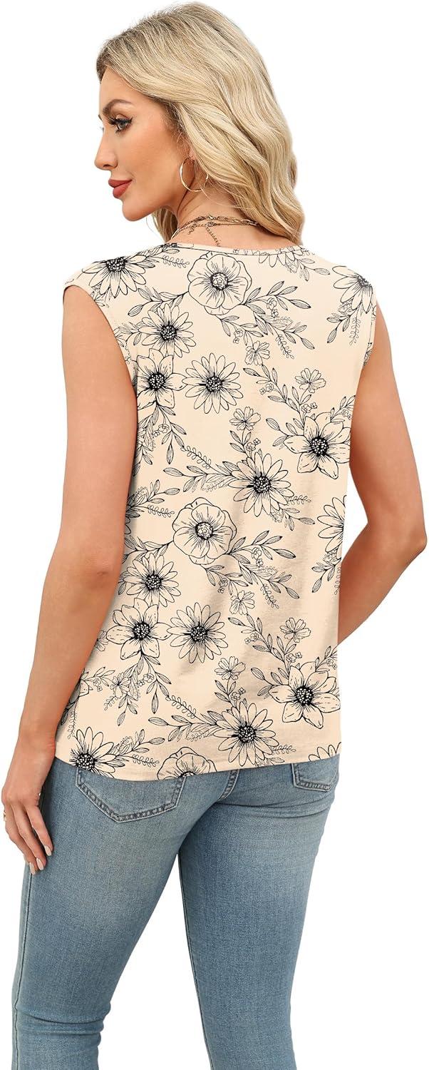 imageXIEERDUO Womens Tank Tops Loose Fit Casual Fashion Summer Soft Pleated V Neck Sleeveless BlousesKhaki Black Flower