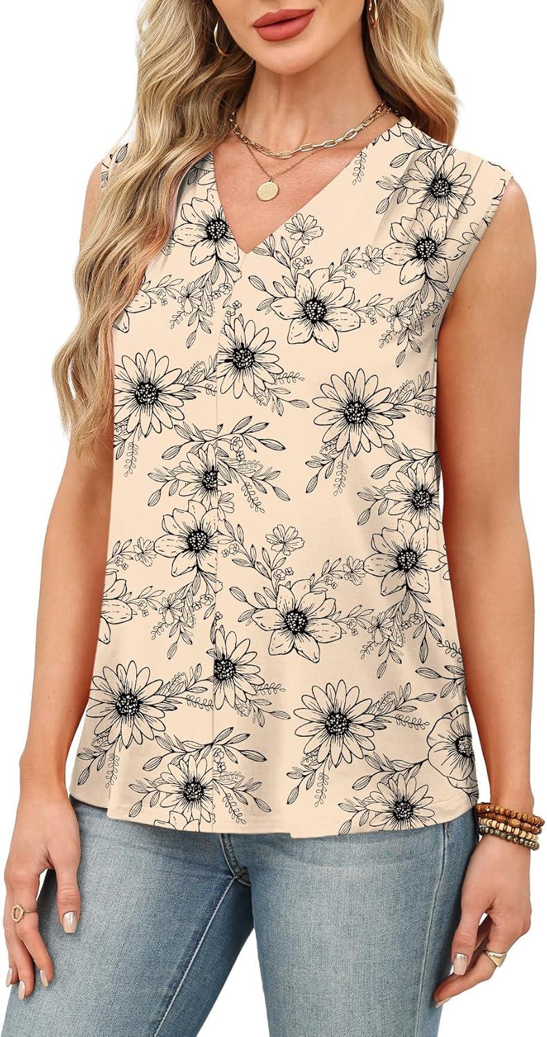 imageXIEERDUO Womens Tank Tops Loose Fit Casual Fashion Summer Soft Pleated V Neck Sleeveless BlousesKhaki Black Flower