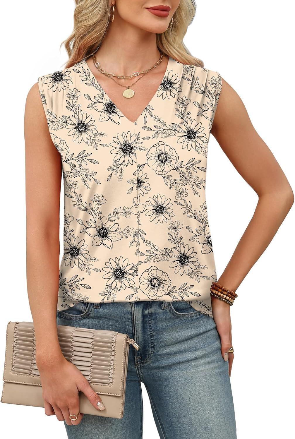 imageXIEERDUO Womens Tank Tops Loose Fit Casual Fashion Summer Soft Pleated V Neck Sleeveless BlousesKhaki Black Flower