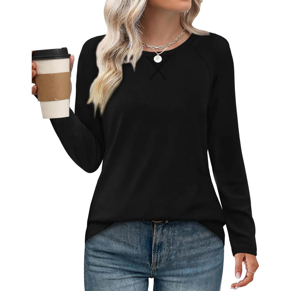 imageXIEERDUO Womens Long Sleeve Shirts Casual Fall Fashion Crewneck Tops Loose Fit LightweightBlack