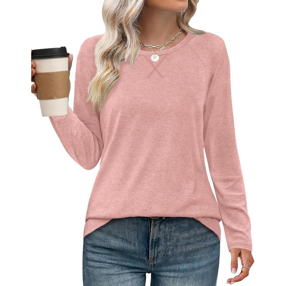 imageXIEERDUO Womens Long Sleeve Shirts Casual Fall Fashion Crewneck Tops Loose Fit LightweightPink