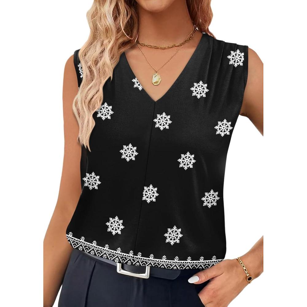 imageXIEERDUO Womens Tank Tops Loose Fit Casual Fashion Summer Soft Pleated V Neck Sleeveless BlousesBlack White Flowers