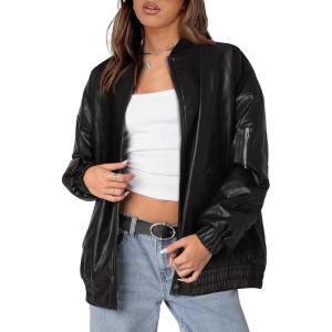 XIEERDUO Faux Leather Jacket Women Oversized Motorcycle Bomber Coats Zip Up Sleeve Pocket 2025 Fall Winter Clothes(Black)