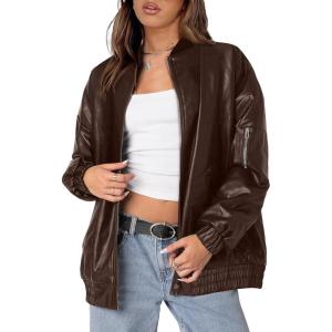 XIEERDUO Faux Leather Jacket Women Oversized Motorcycle Bomber Coats Zip Up Sleeve Pocket 2025 Fall Winter Clothes(Brown)