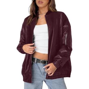 XIEERDUO Faux Leather Jacket Women Oversized Motorcycle Bomber Coats Zip Up Sleeve Pocket 2025 Fall Winter Clothes(Burgundy)