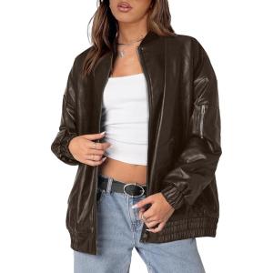 XIEERDUO Faux Leather Jacket Women Oversized Motorcycle Bomber Coats Zip Up Sleeve Pocket 2025 Fall Winter Clothes(Coffee)