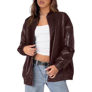 XIEERDUO Faux Leather Jacket Women Oversized Motorcycle Bomber Coats Zip Up Sleeve Pocket 2025 Fall Winter Clothes(Dark Coffee)