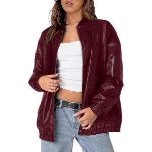 XIEERDUO Faux Leather Jacket Women Oversized Motorcycle Bomber Coats Zip Up Sleeve Pocket 2025 Fall Winter Clothes(Red)