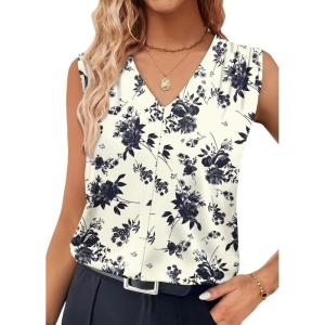 XIEERDUO Womens Tank Tops Loose Fit Casual Fashion Summer Soft Pleated V Neck Sleeveless Blouses(Beige Black Flowers)