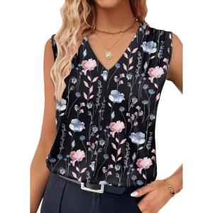 XIEERDUO Womens Tank Tops Loose Fit Casual Fashion Summer Soft Pleated V Neck Sleeveless Blouses(Black Print)