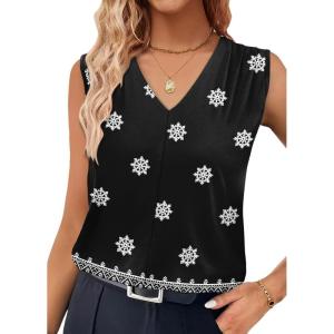 XIEERDUO Womens Tank Tops Loose Fit Casual Fashion Summer Soft Pleated V Neck Sleeveless Blouses(Black White Flowers)