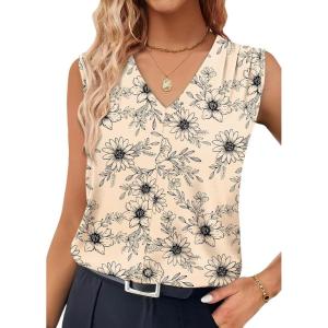 XIEERDUO Womens Tank Tops Loose Fit Casual Fashion Summer Soft Pleated V Neck Sleeveless Blouses(Khaki Black Flower)