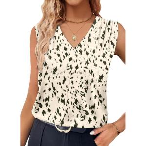 XIEERDUO Womens Tank Tops Loose Fit Casual Fashion Summer Soft Pleated V Neck Sleeveless Blouses(Leopard Print)