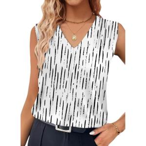 XIEERDUO Womens Tank Tops Loose Fit Casual Fashion Summer Soft Pleated V Neck Sleeveless Blouses(Vertical Stripe Print)