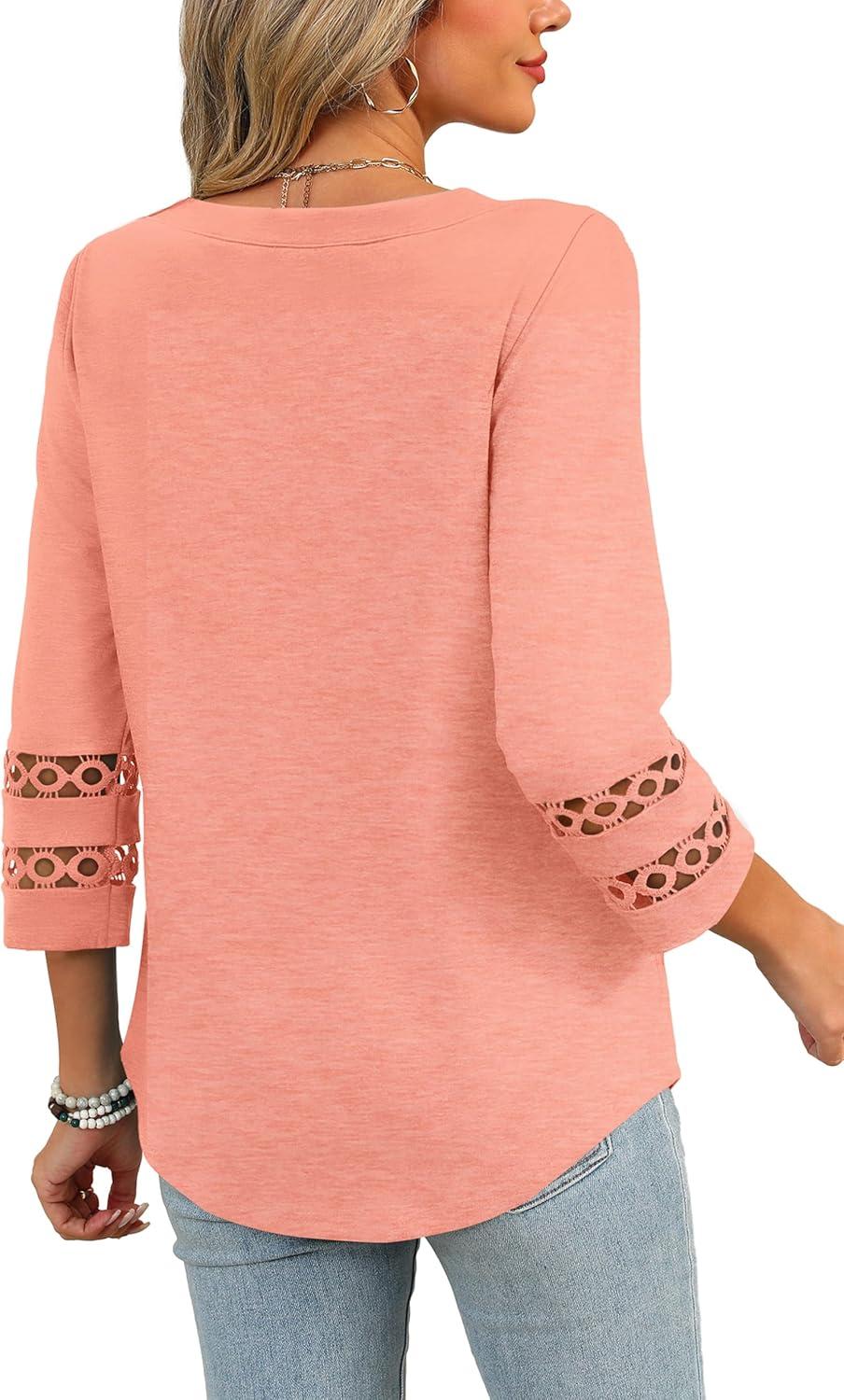 imageXIEERDUO 34 Length Sleeve Womens Tops and Blouses Dressy Casual Crewneck T Shirts Fashion Clothes Loose Fit TrendyCoral