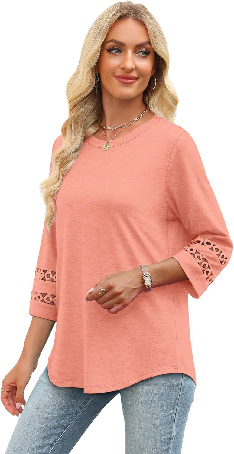 imageXIEERDUO 34 Length Sleeve Womens Tops and Blouses Dressy Casual Crewneck T Shirts Fashion Clothes Loose Fit TrendyCoral