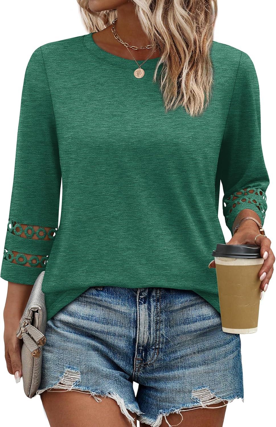 imageXIEERDUO 34 Length Sleeve Womens Tops and Blouses Dressy Casual Crewneck T Shirts Fashion Clothes Loose Fit TrendyGreen