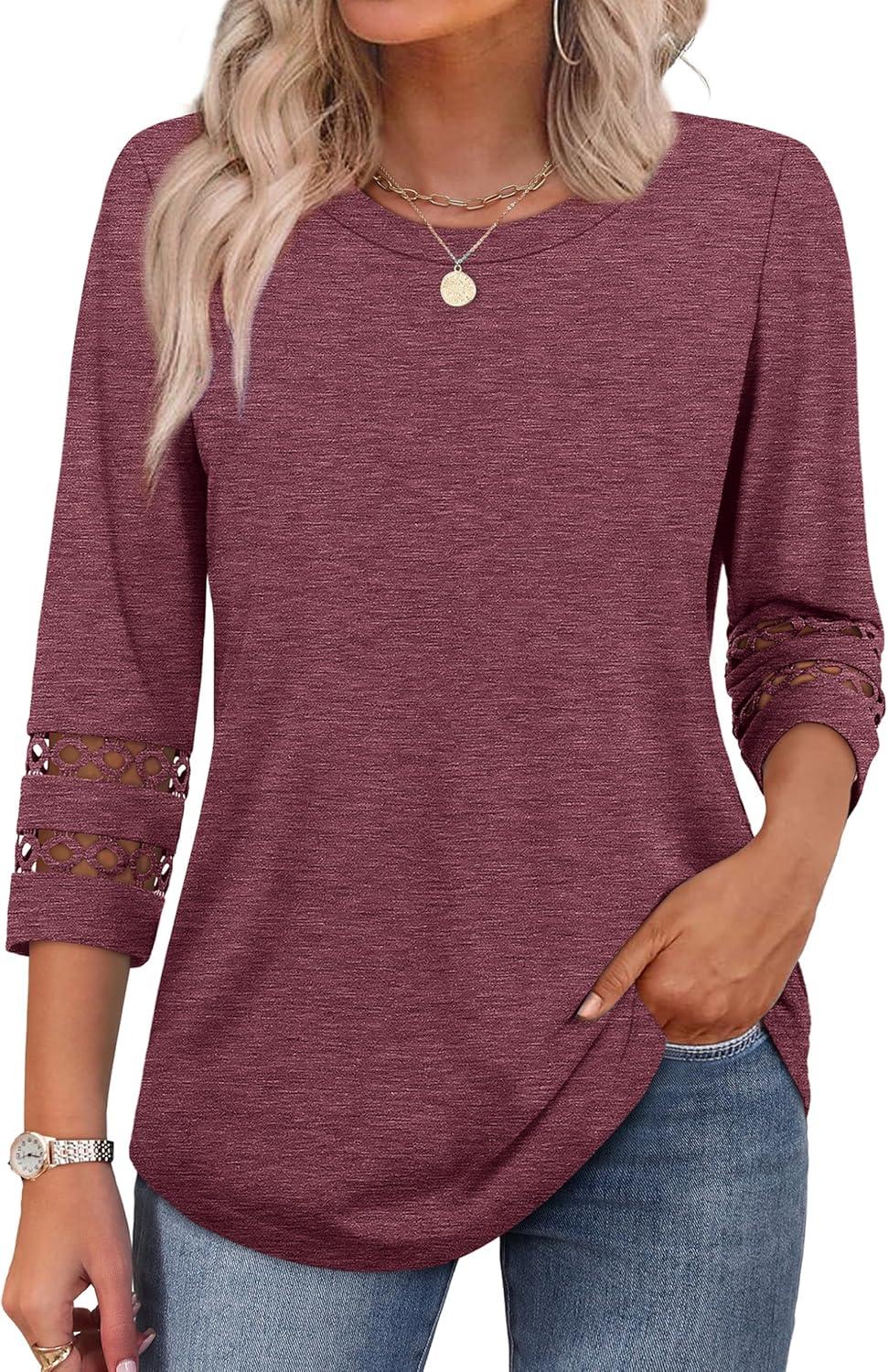 imageXIEERDUO 34 Length Sleeve Womens Tops and Blouses Dressy Casual Crewneck T Shirts Fashion Clothes Loose Fit TrendyWine Red
