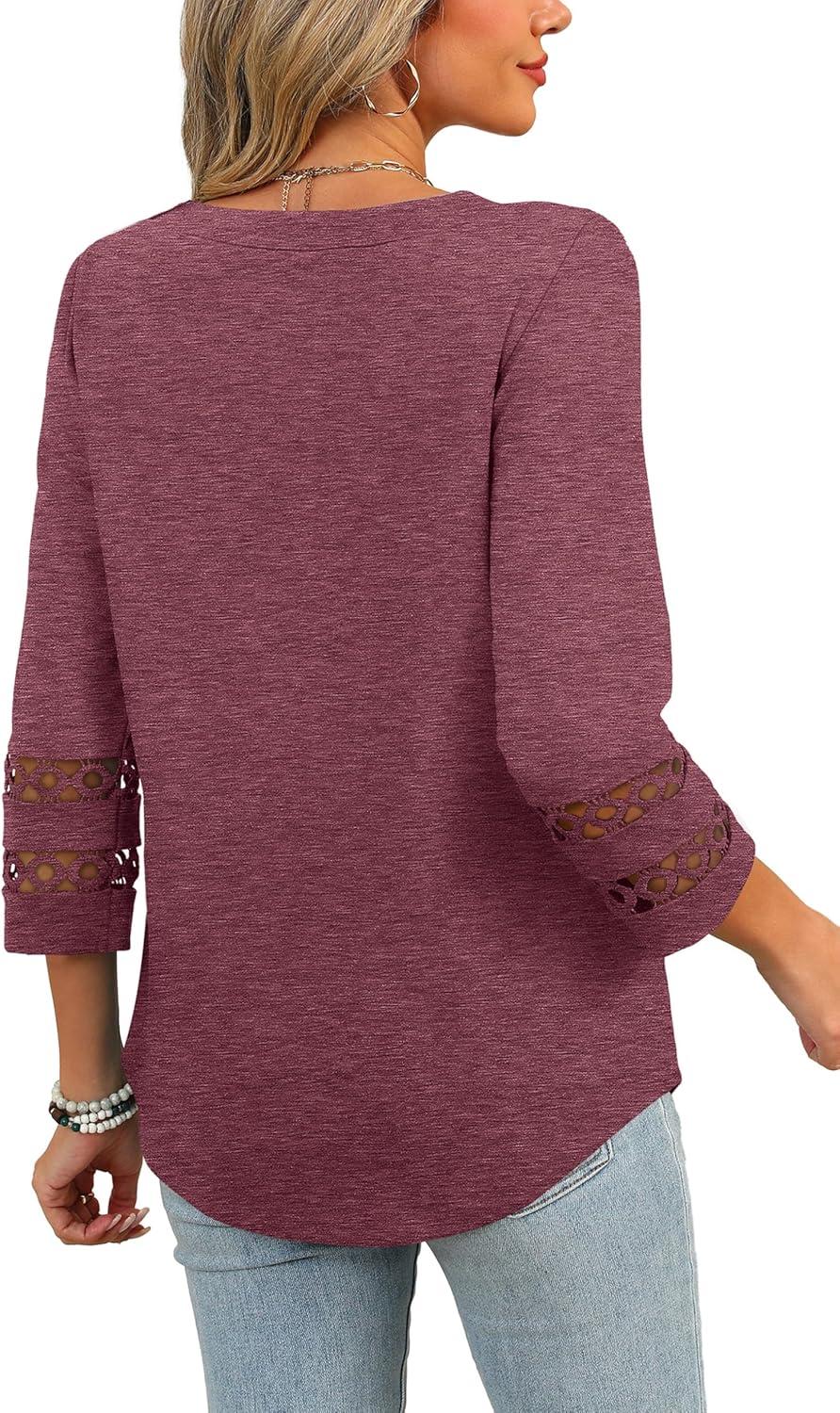 imageXIEERDUO 34 Length Sleeve Womens Tops and Blouses Dressy Casual Crewneck T Shirts Fashion Clothes Loose Fit TrendyWine Red