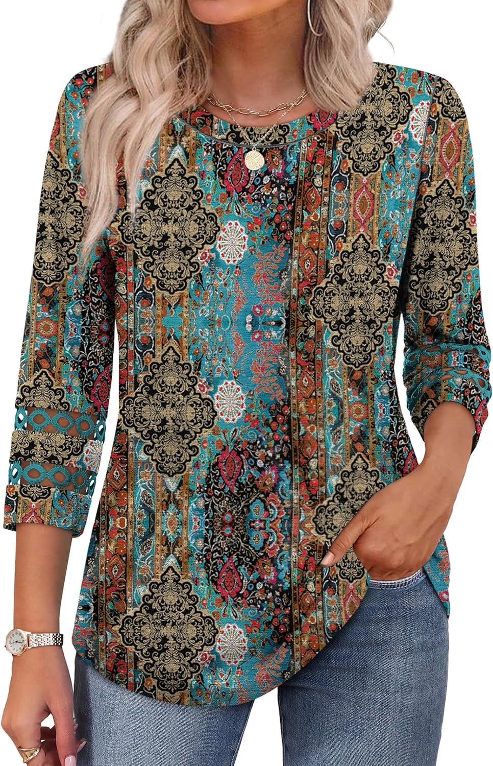 imageXIEERDUO 34 Length Sleeve Womens Tops and Blouses Dressy Casual Crewneck T Shirts Fashion Clothes Loose Fit TrendyZ Boho Multi