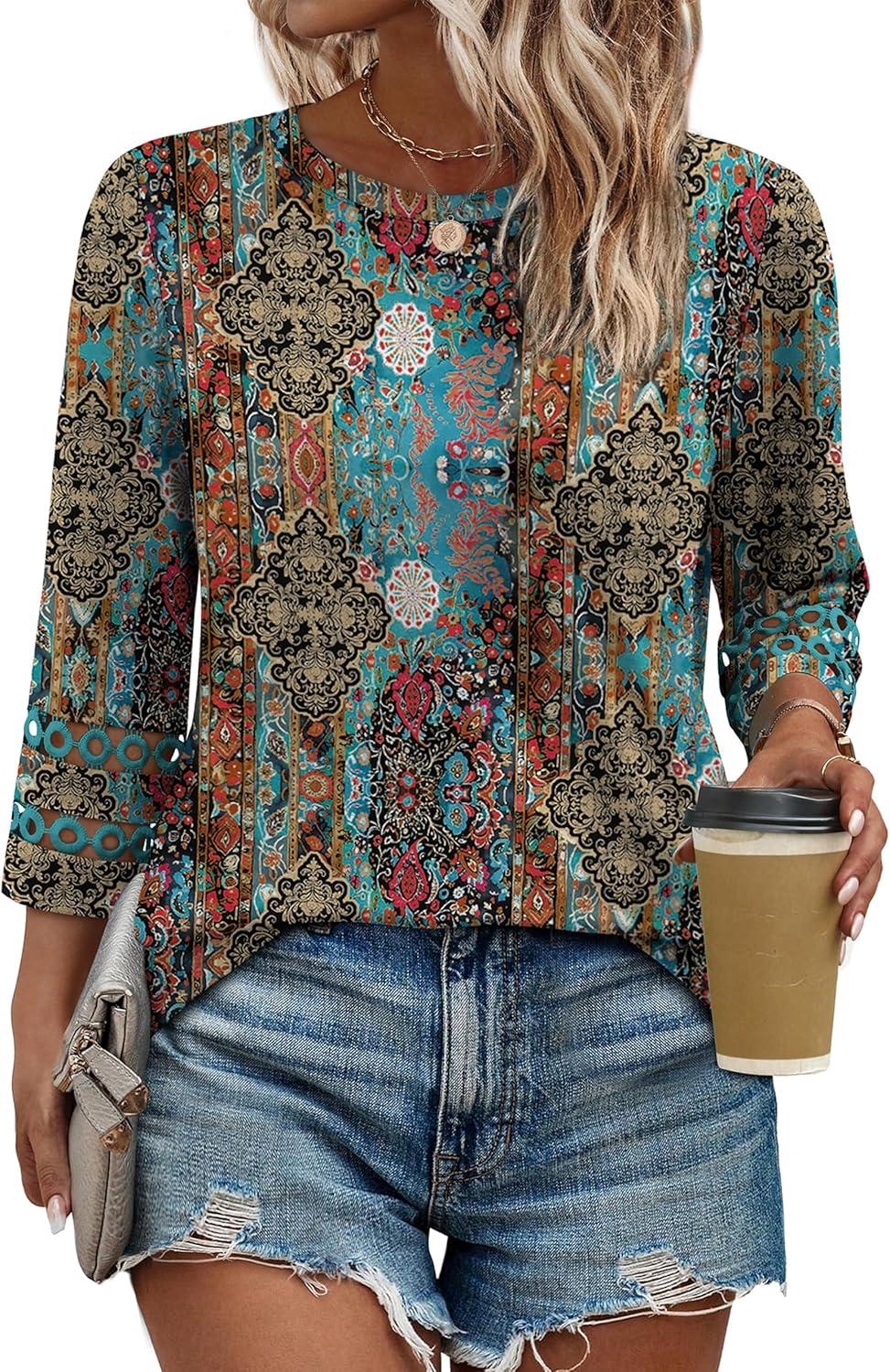 imageXIEERDUO 34 Length Sleeve Womens Tops and Blouses Dressy Casual Crewneck T Shirts Fashion Clothes Loose Fit TrendyZ Boho Multi
