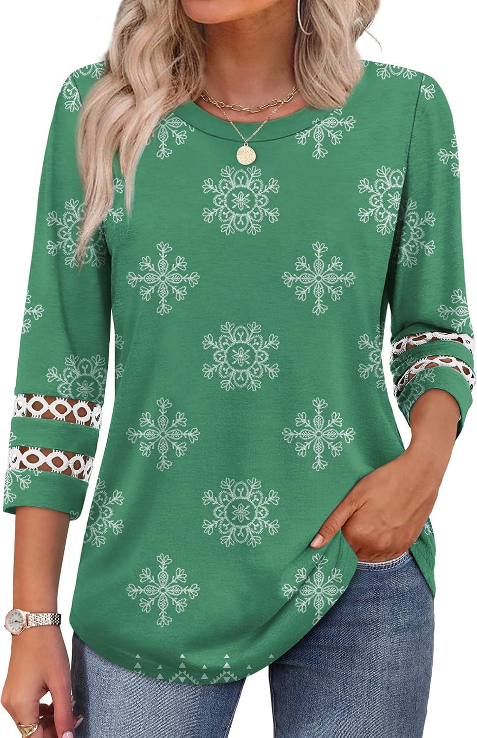 imageXIEERDUO 34 Length Sleeve Womens Tops and Blouses Dressy Casual Crewneck T Shirts Fashion Clothes Loose Fit TrendyZ Green Print