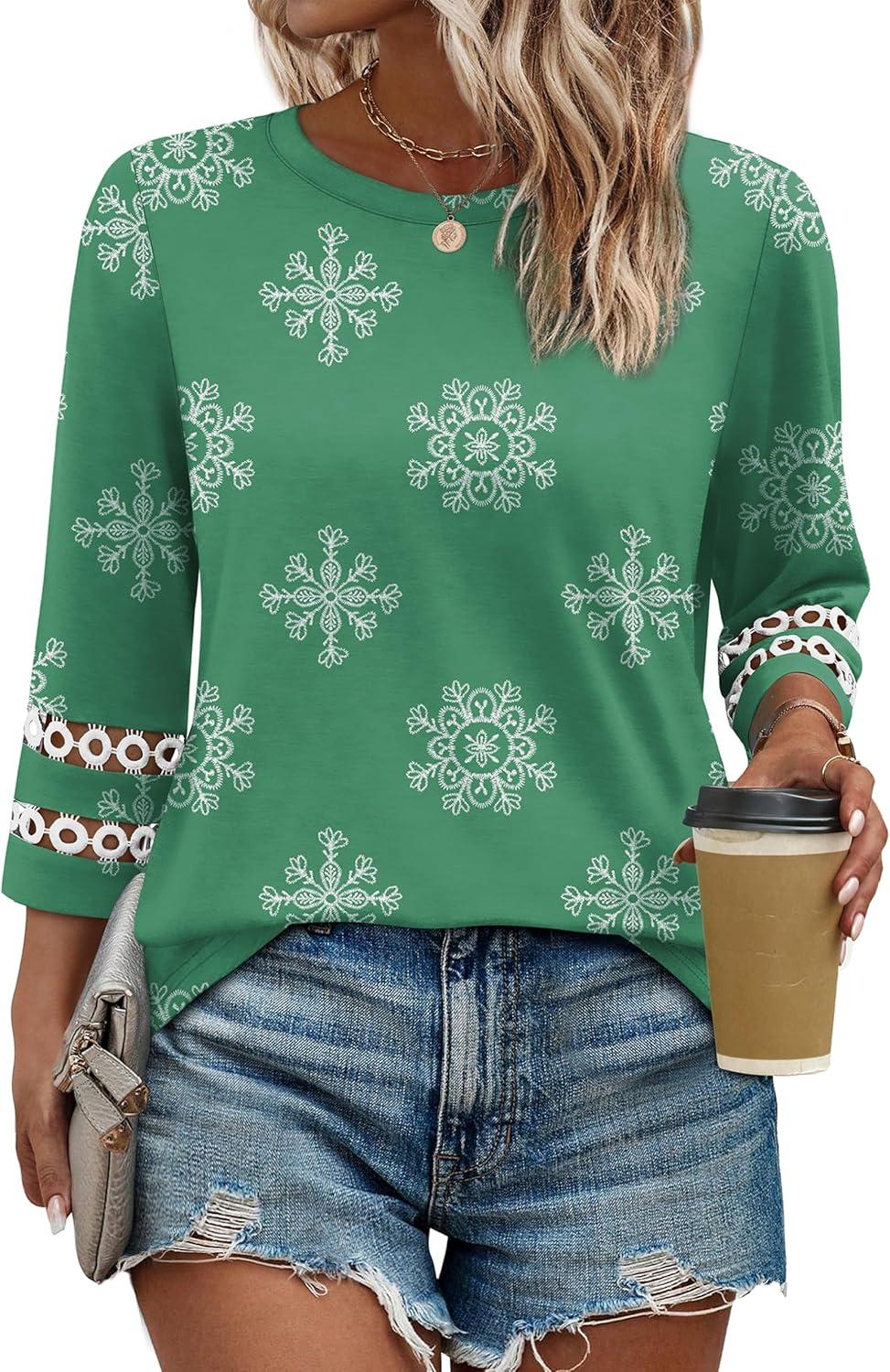 imageXIEERDUO 34 Length Sleeve Womens Tops and Blouses Dressy Casual Crewneck T Shirts Fashion Clothes Loose Fit TrendyZ Green Print