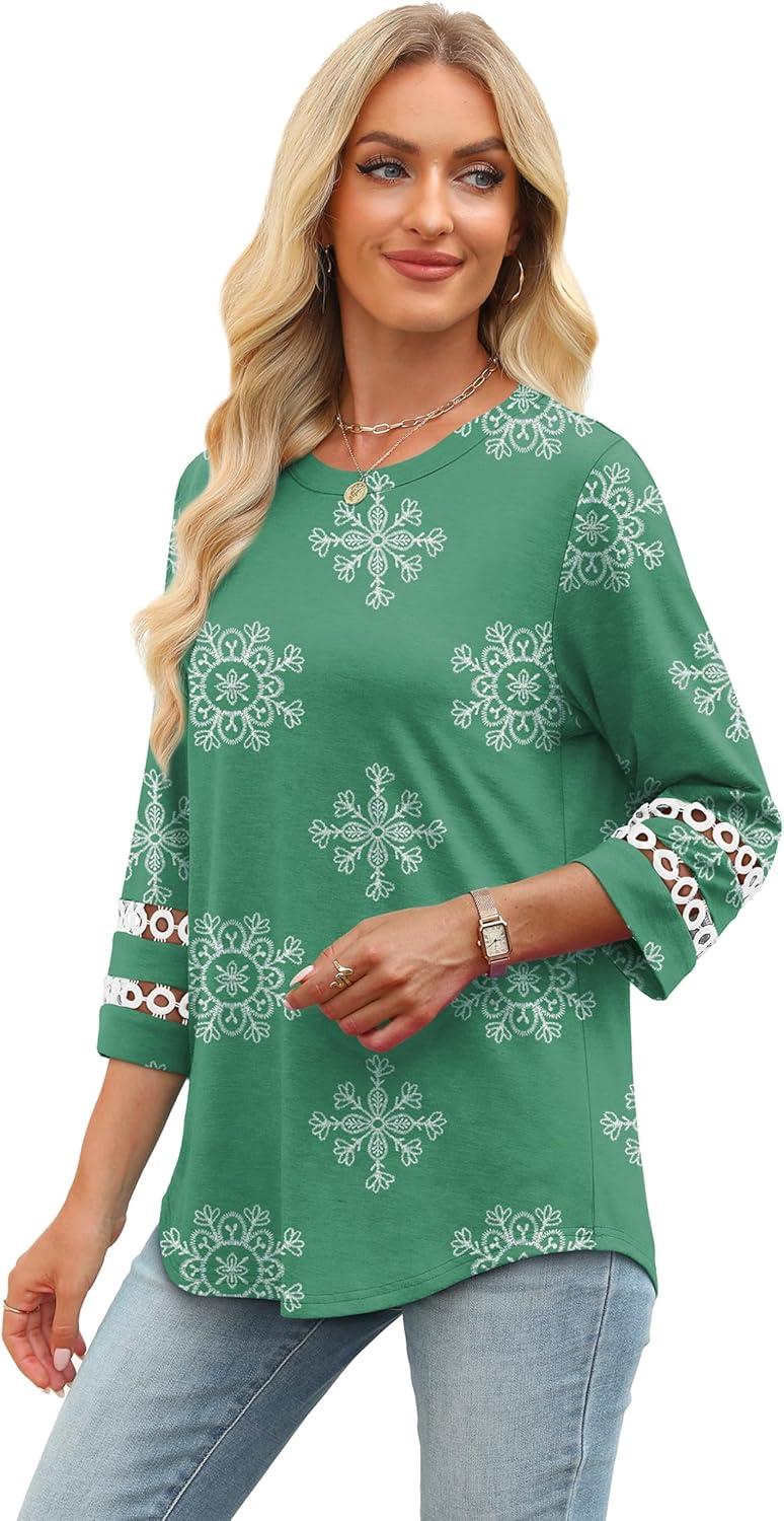 imageXIEERDUO 34 Length Sleeve Womens Tops and Blouses Dressy Casual Crewneck T Shirts Fashion Clothes Loose Fit TrendyZ Green Print