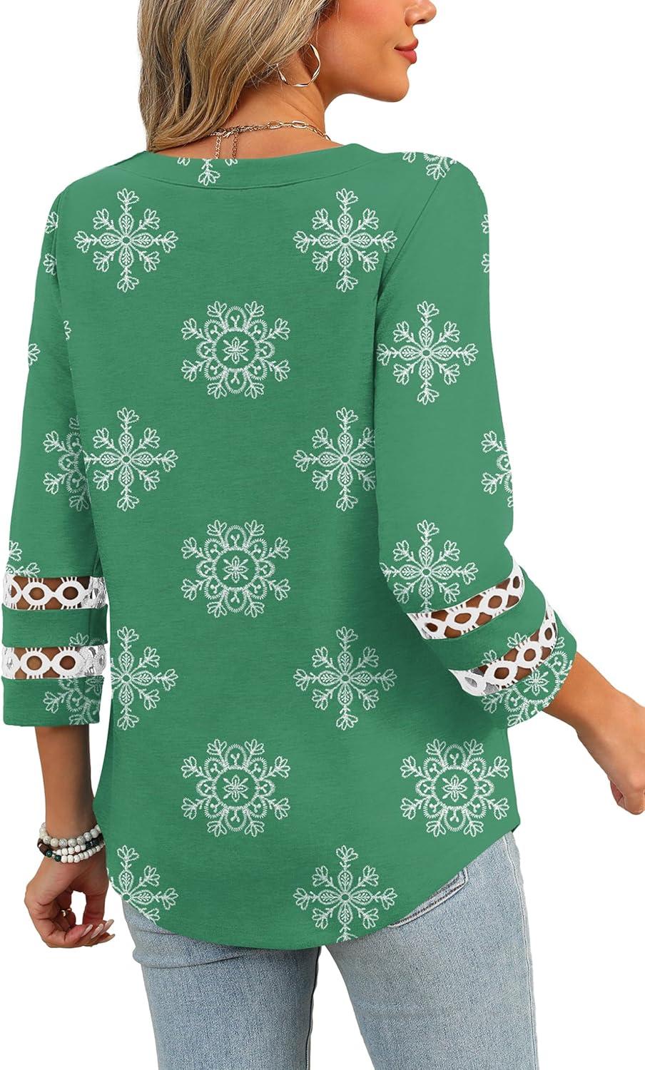 imageXIEERDUO 34 Length Sleeve Womens Tops and Blouses Dressy Casual Crewneck T Shirts Fashion Clothes Loose Fit TrendyZ Green Print